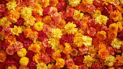 A festive flower background, adorned with vibrant marigolds and roses, perfect for celebrating weddings, festivals, and joyful occasions