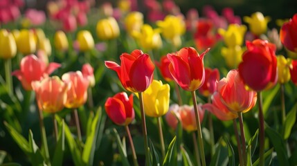 Fototapeta premium A field of vibrant tulips swaying in the spring breeze, painting the landscape with shades of red, yellow, and pink.