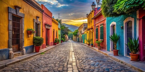 Obraz premium Colorful cobblestone street in a vibrant Mexican town, cobblestone, colorful, street, Mexican, town, architecture