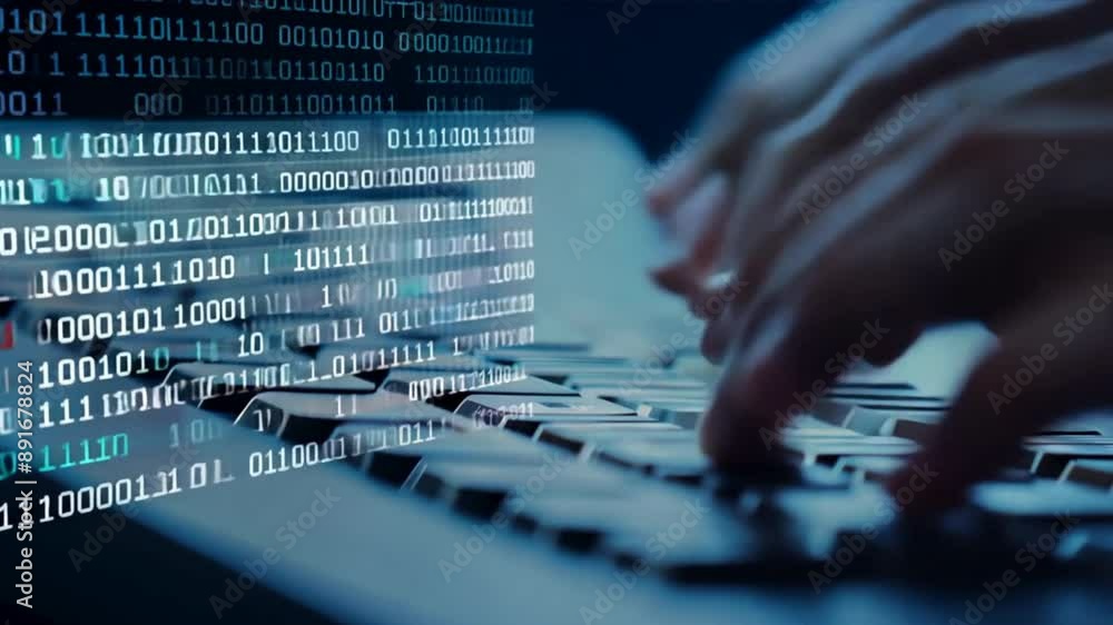 Fototapete A person is typing on a keyboard with a screen behind them showing a series of numbers. Concept of technology and productivity, as the person is using a computer to complete a task