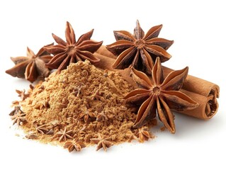Whole star anise pods and a few ground into powder Isolated on a solid white background, PNG dicut style, object as model