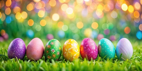 Colorful easter eggs on soft bokeh background, festive, easter, eggs, colorful, decorations, holiday, celebration, spring