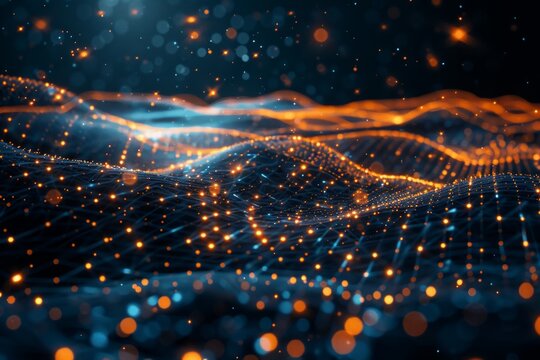 Vibrant abstract digital waveform background with dynamic glowing particles and waves in motion for technology themes.