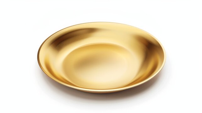 Empty Golden round flat plate isolated on white background. Kitchen utensils isolated on white. Photo realistic photo.