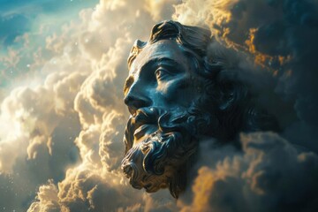 Fototapeta premium A majestic stone statue of a bearded man emerging from ethereal clouds, basking in a divine glow under a dramatic sky.
