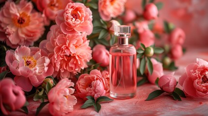 Glamorous perfume bottle with peonies on a coral background