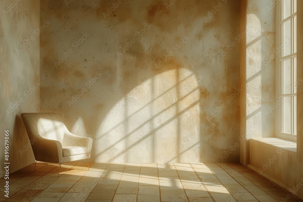 Poster cozy chair by a sunlit window in an empty rustic room with warm tones and soft shadows. perfect for 
