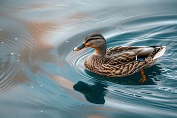 Fototapeta premium A close-up of a duck with a beautiful plumage swimming peacefully in calm and reflective water, capturing the serenity and grace of nature.