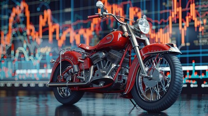 A traditional red motorcycle stands before a clear stock chart background, merging heritage with contemporary finance