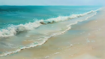 A gentle breeze sweeps across a tranquil beach, carrying the salty scent of the ocean and causing the waves to lap gently against the shore.