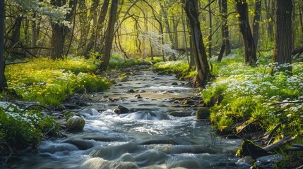 Obraz premium A gentle stream flowing through a forest of blossoming trees, ideal for a peaceful and natural backdrop.