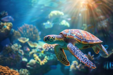 Obraz premium A stunning underwater image of a sea turtle swimming amid a colorful coral reef with sunlight filtering through the water, showcasing marine biodiversity and natural beauty.
