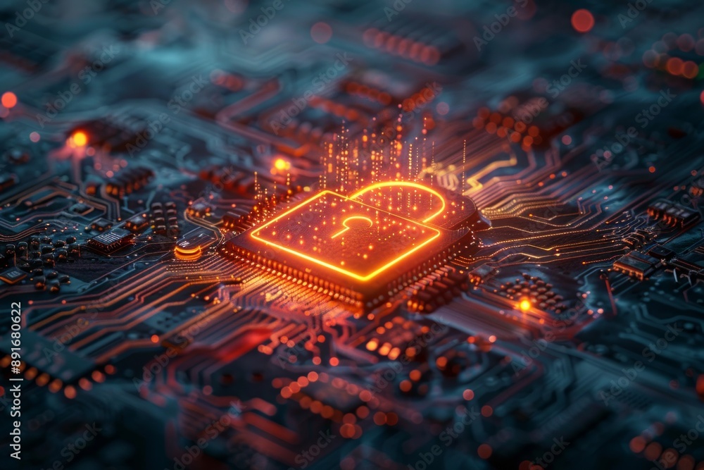 Poster glowing padlock on a digital circuit board to represent advanced cybersecurity