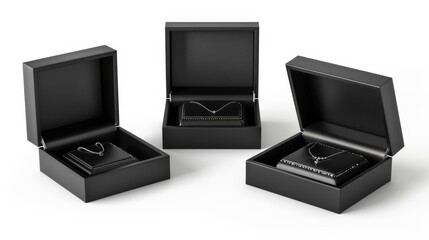 Fototapeta premium Black jewelry boxes opened isolated against white background. Jewelry isolated on white. Photo realistic photo.