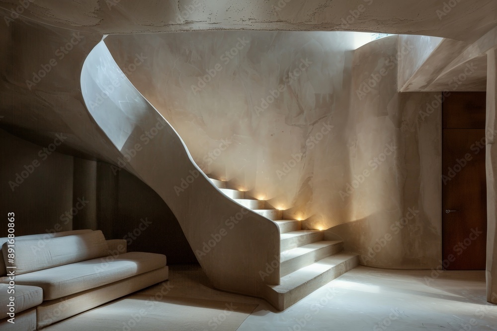 Poster An elegant staircase featuring sleek curves and soft lighting, set in a modern interior. The design pairs smooth concrete with a calming, minimalistic approach.