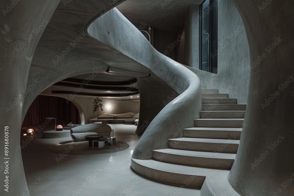Poster A sophisticated, sculptural staircase in a modern interior, characterized by its smooth, flowing curves. The space is designed to merge form and function seamlessly.