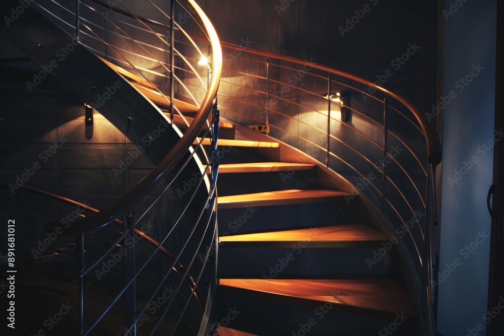 Poster a striking image of a modern spiral staircase featuring wooden steps and sleek stainless steel raili