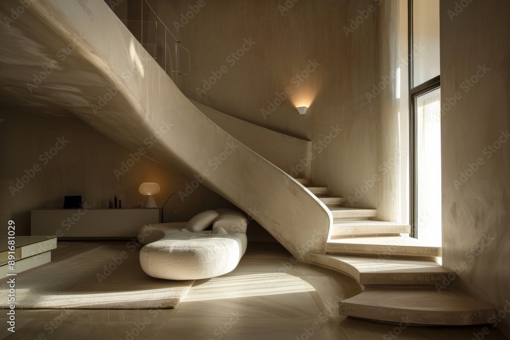 Poster Chic winding staircase with smooth curves and soft lighting in a modern minimalist setting, creating an inviting and elegant space with sophisticated architectural design.