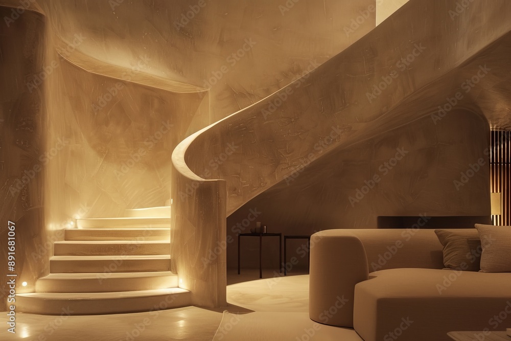 Aufkleber this image shows a beautifully lit spiral staircase in a modern minimalist interior, with smooth cur