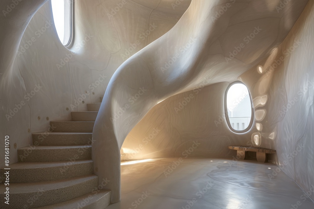 Poster A unique, organically shaped staircase adorned with natural light, that defines the futuristic and biomorphic design elements within a modern interior space.