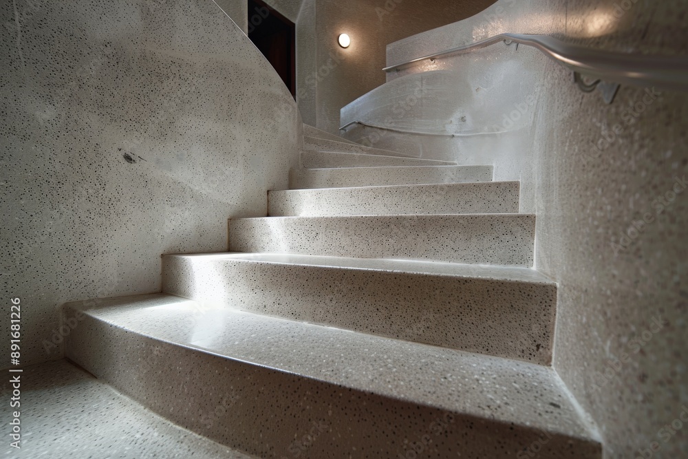 Poster a sleek, modern illuminated concrete staircase, shown in an interior space. the clean lines and mini