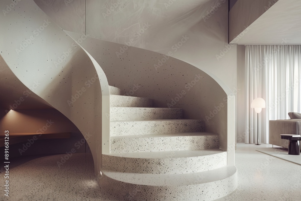 Poster An elegant curved concrete staircase adorned with speckled details is the focal point of a minimalist and modern interior, creating an architectural statement.