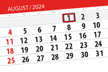 Obraz premium Calendar 2024, deadline, day, month, page, organizer, date, August, thursday, number 1