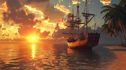 Obraz premium a pirate ship sailing in the ocean at sunset