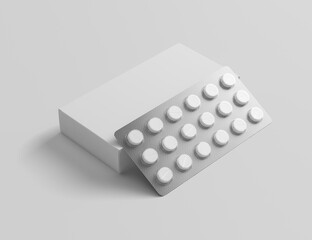 Pills Box Mock up On Isolated White Background, Package blister with round medicines pills on white background. Mock up template. 3D rendering 3D illustration