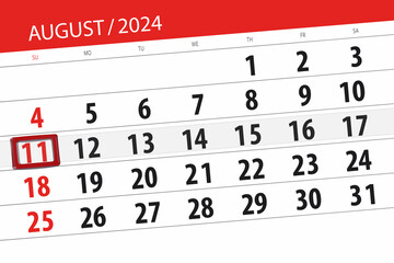 Calendar 2024, deadline, day, month, page, organizer, date, August, sunday, number 11