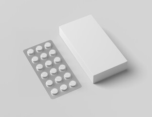 Pills Box Mock up On Isolated White Background, Package blister with round medicines pills on white background. Mock up template. 3D rendering 3D illustration