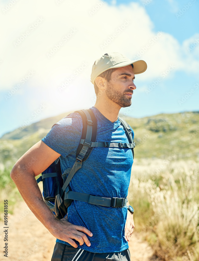 Poster Man, backpack and hiking with relax in nature for fitness adventure, cardio and walking to explore the environment. Hiker, person and trekking on gravel path for body wellness, exercise and scenery