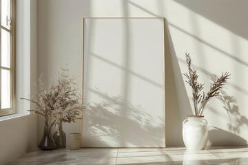 Minimalist interior with blank frame and dried plants in sunlight, perfect for art and decor inspiration in modern homes.