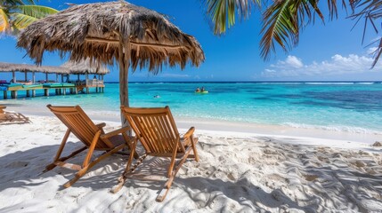 Tropical beach scene with two wooden lounge chairs under a straw hut, overlooking turquoise waters and a wooden pier.