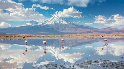 Andean flamingos at reflective licancabur volcano in snowy andes, laguna chaxa, atacama salar