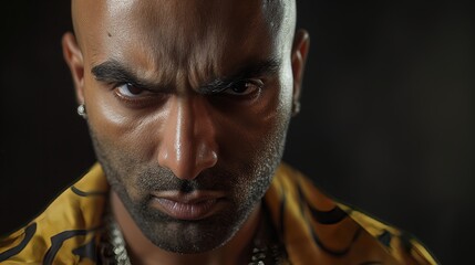 Fototapeta premium Intense bald man with a serious expression wearing a patterned shirt, staring directly into the camera against a dark background
