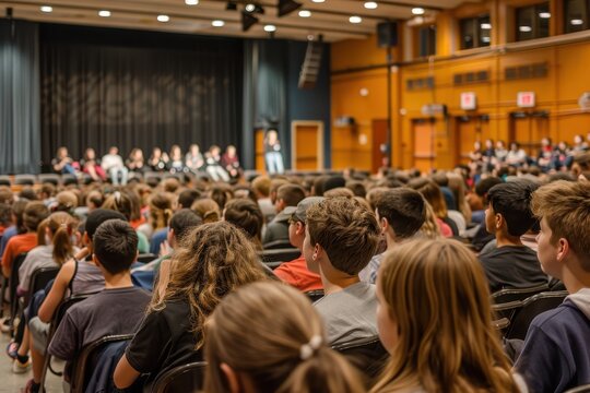 A school assembly with students sitting in rows, listening attentively to a guest speaker on stage.