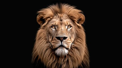 Naklejka premium Realistic front view portrait of lion against black background in striking detail