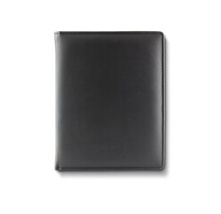 Naklejka premium Black color leather fabric hardcover notebook isolated on white background