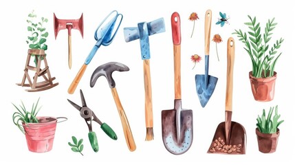 Fototapeta premium Watercolor big spring set with gardening tools. Gardening tools, seeds and insects isolated on white background. Hand drawn. Gardening tools isolated on white. Photo realistic photo.