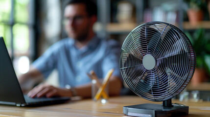 Office worker types on a laptop at a desk, with a cooling fan providing relief from the summer heat, in a well lit workspace with natural daylight - could be a symbol for global warming