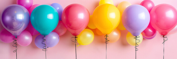 Multi-colored glossy inflatable balloons on a pink background. Concept banner template for holiday backgrounds and wallpapers