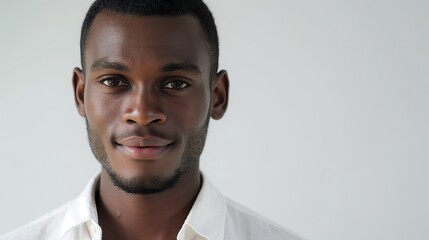 Obraz premium Young african male in a white shirt smiling slightly, looking directly at the camera against a plain white background, with copy space 