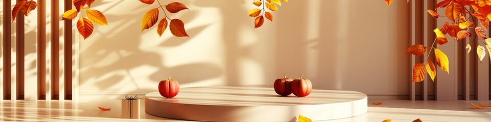 Elegant Abstract Beige Product Podium with Soft-hued Geometric Elements. Minimalist 4K Scene for Autumn-inspired Cosmetics Display. Sophisticated Brand Packaging Mockup for Beauty Marketing and Season