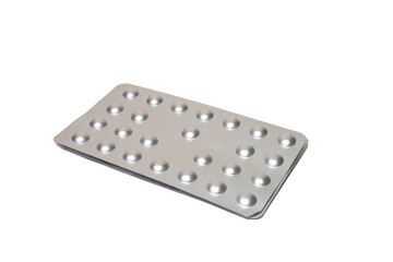 drug blister pack of hard aluminium foil. pair of medicine packaging for small tablets, on one each other. on white background
