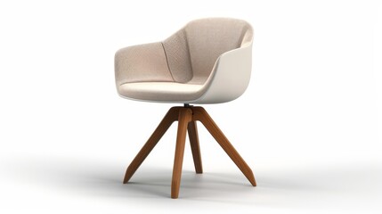 Contemporary swivel chair with a fabric seat and wooden legs, isolated on solid white background. Office furniture isolated on white. Photo realistic photo.