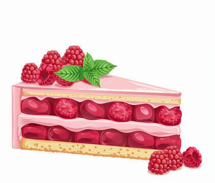recommend clip art: National Raspberry Cake Day vector. Slice of cake with raspberries and mint leaf icon vector. Juicy berry fruit cake clip art