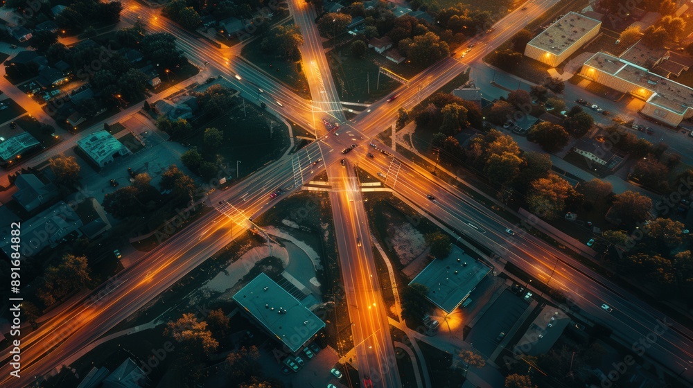 Aufkleber present an aerial view of a highway intersection at twilight, with the sky transitioning from day to