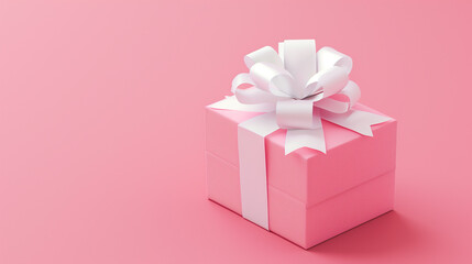 Obraz premium Pink gift box adorned with a white ribbon is elegantly presented against a matching pink backdrop
