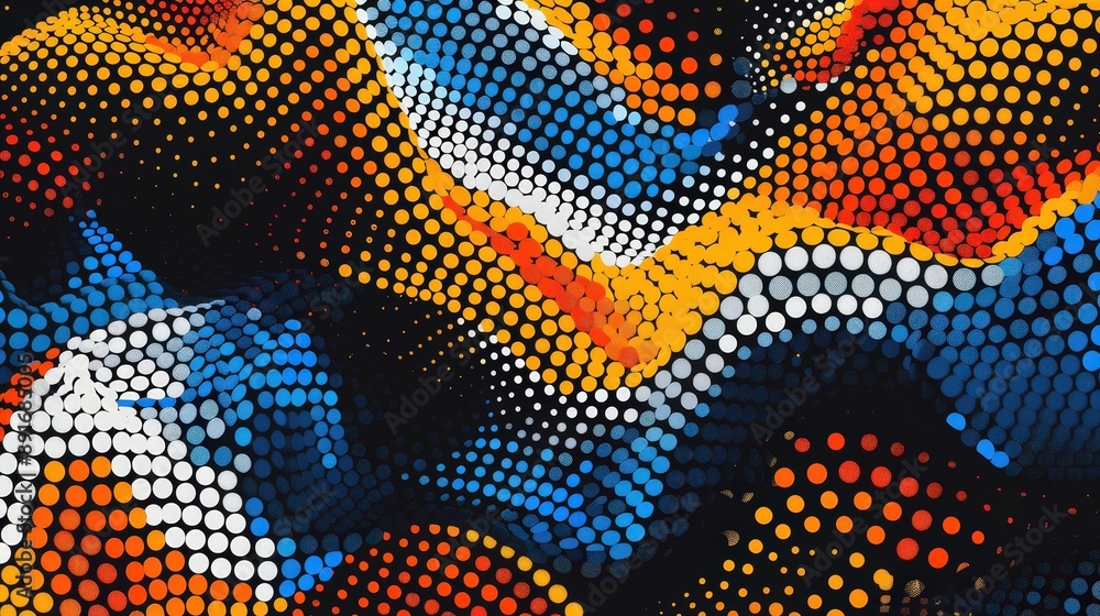 Poster abstract wave-like pattern created by colorful dots on a black background
